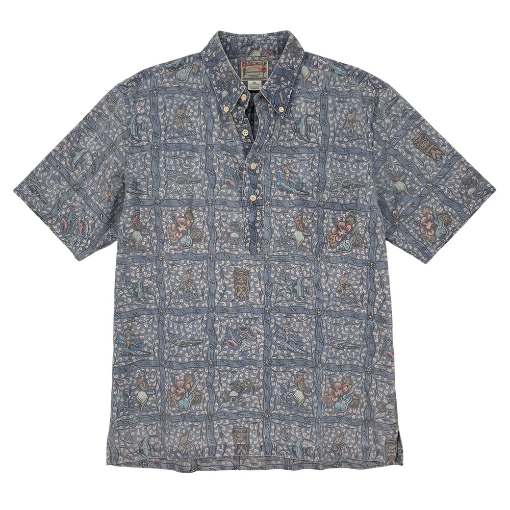 Reyn Spooner Commemorative Classics Blue Hawaiian Popover Shirt Men L Batik Tiki
